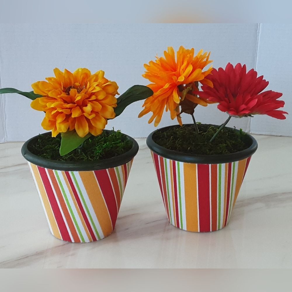 Fabric Covered Flower Pots Orange Striped Multicolor Silk Arrangement